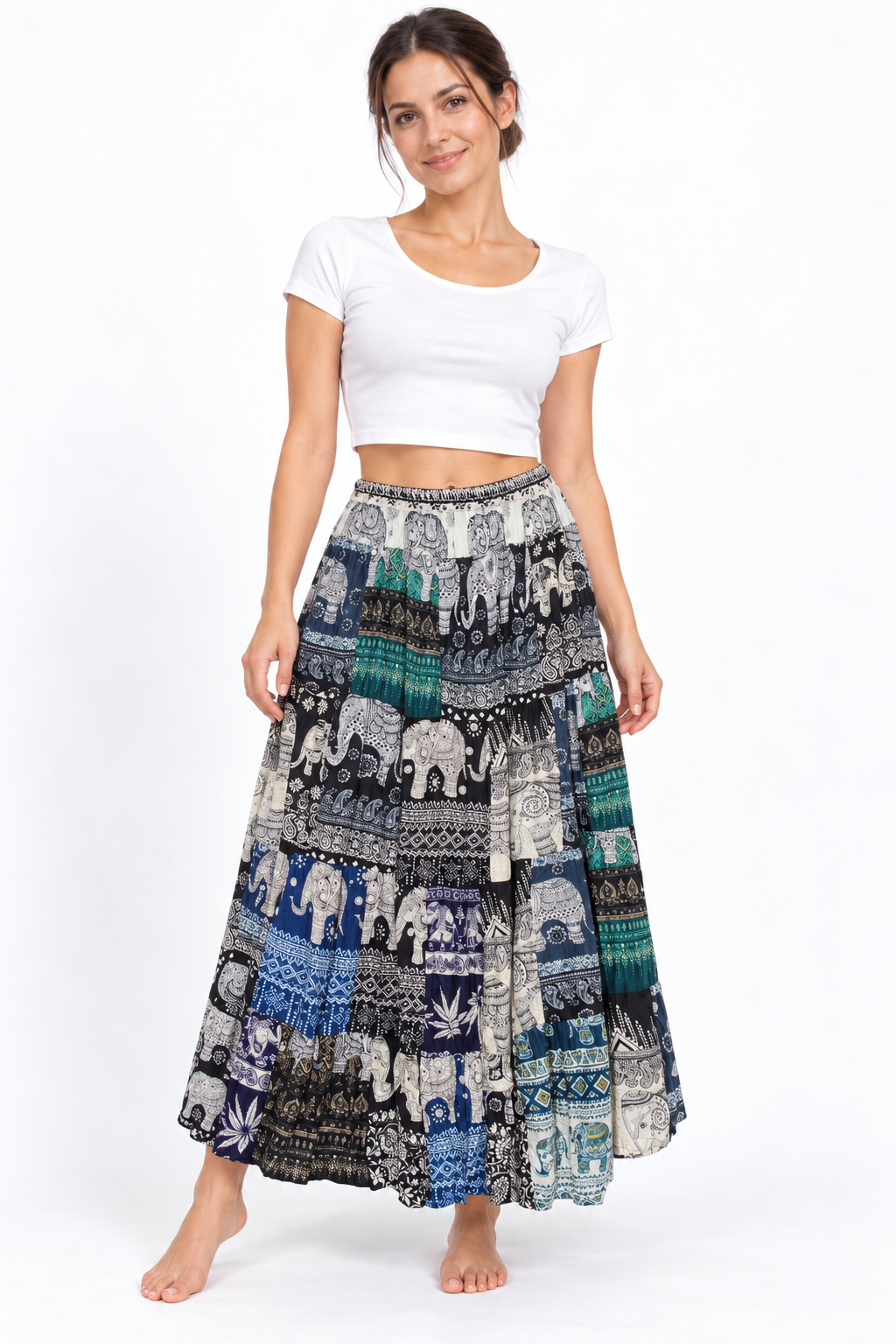 Navy Teal Elephant Patchwork Long Skirt — front model view